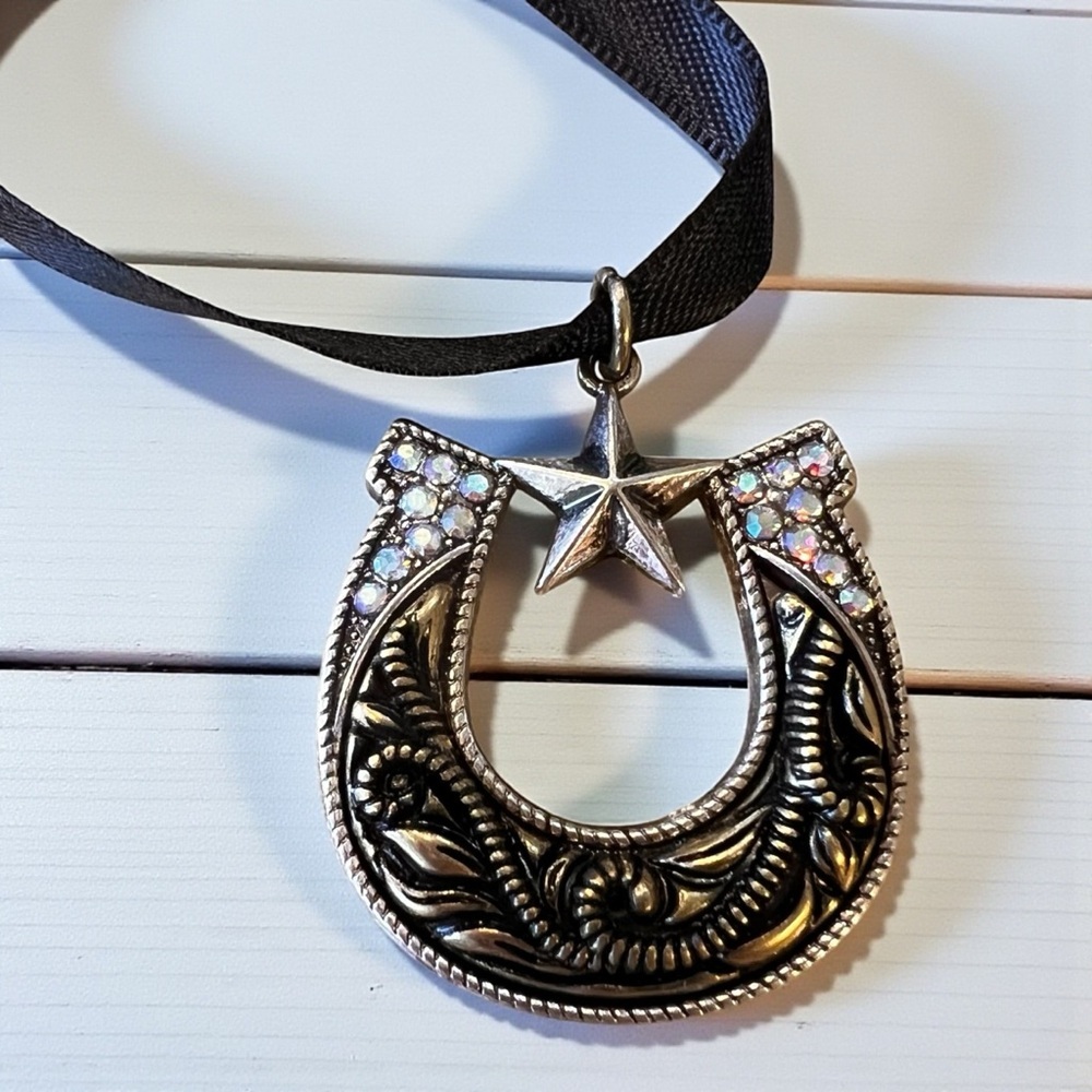 Chic Silver and Bronze Toned Horseshoe and Star Pendant Choker Necklace